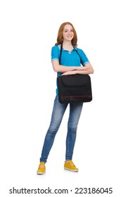 Woman with backpack isolated on white - Shutterstock ID 223186045