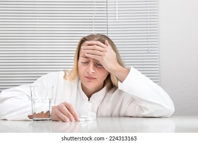 Woman With A Bad Headache Going For A Pain Medication, Space For Your Text