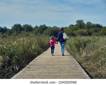 A Woman With A Bag Over Her Shoulder Holding A Child's Hand Walking Down A Path With Reeds On Either Side Taken From Behind