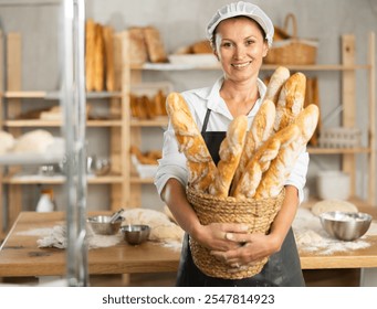 Woman baker in bakery has prepared lot of fresh fragrant baguettes, holds basket of ready-made bread products, stands near kitchen table. Bakery employee holds basket of ready-made baguettes. - Powered by Shutterstock