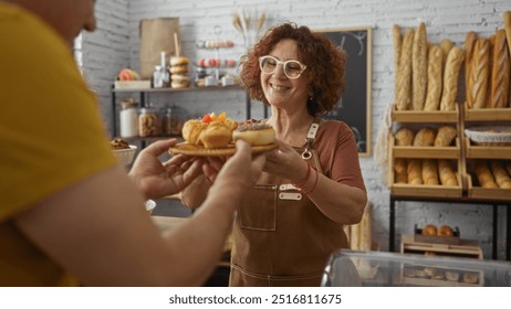 Woman baker handing over pastries to male customer in cozy bakery shop with shelves of breads in background - Powered by Shutterstock