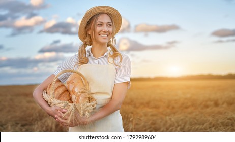 Woman Baker Holding Wicker Basket Bread Eco Product Female Farmer Standing Wheat Agricultural Field  Baking Small Business Caucasian Person Dressed Straw Hat Apron Organic Healthy Food Concept Banner