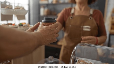 Woman in a bakery hands a cup of coffee to a man over the counter indoors, highlighting their professional interaction and cozy shop environment. - Powered by Shutterstock