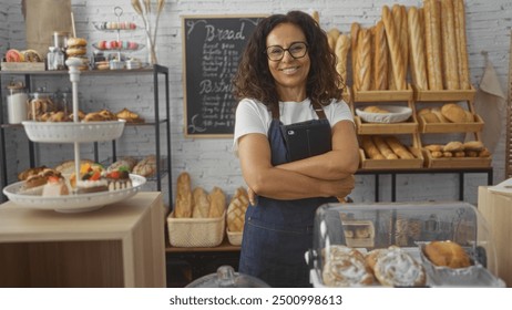 Woman in bakery standing arms crossed wearing apron surrounded by bread and pastries in indoor bakery shop interior. - Powered by Shutterstock