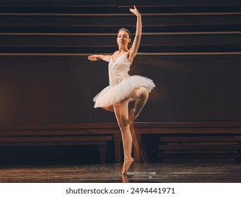 Woman, ballet and stage for artistic performance, creative and practice choreography in rehearsal. Female person, dancer and double exposure for talent at academy, student and training at theatre - Powered by Shutterstock