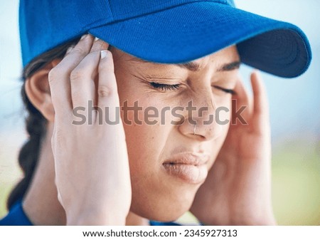 Woman, baseball and headache in stress, mistake or burnout from sports injury or outdoor accident. Upset female person, player or athlete with migraine, tension or strain under pressure on the field