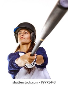 Woman Baseball Or Softball Player Swinging A Bat Isolated On  White.