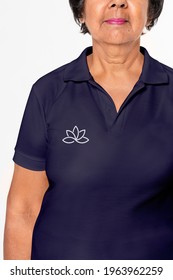 Woman In Basic Plus Size Navy Polo Shirt With Logo And Design Space