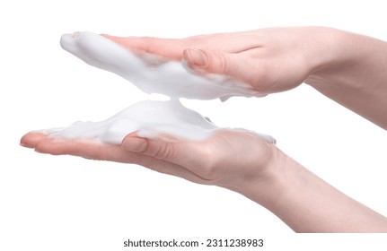 Woman with bath foam on white background, closeup - Shutterstock ID 2311238983