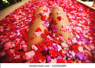 Woman In Bath With Petals. Time For Yourself. Self Love Concept.