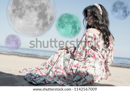 Woman, beach and Full moon