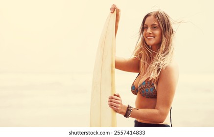 Woman, beach and surfer thinking on holiday, tropical island and outdoor nature for hobby. Female person, swimsuit and ponder sea waves on weekend trip, contemplating and tourist on ocean vacation - Powered by Shutterstock