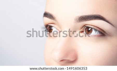 Woman with beautiful eyebrows close-up on a light background with copy space. Microblading, microshading, eyebrow tattoo, henna, powder brows concept.
