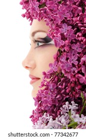 Woman Beautiful Face With Flower Lilac Frame