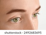 Woman with beautiful green eyes on light grey background, closeup