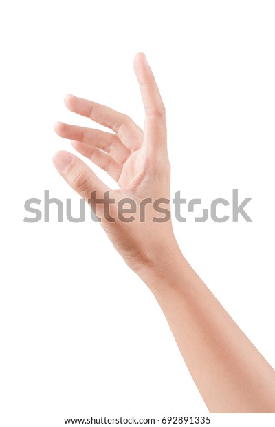 白い背景に切り取り線と手を振れるように 女性の美しい手が仮想名刺を持つか手が伸びています の写真素材 今すぐ編集