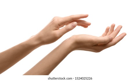 Woman with beautiful hands on white background, closeup