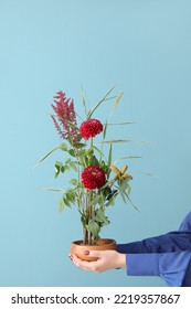 Woman With Beautiful Ikebana On Blue Background