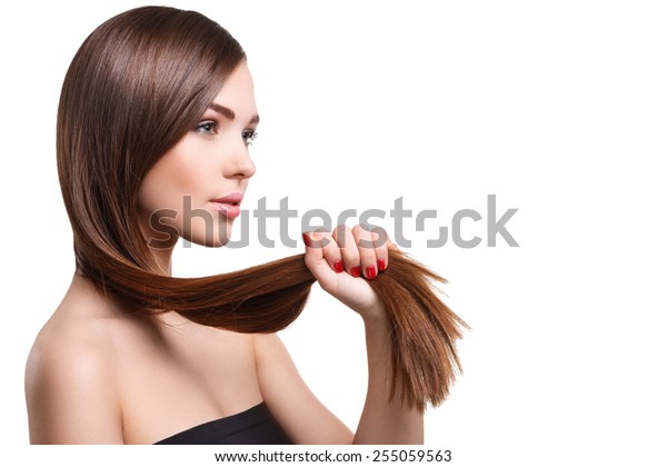 白い背景に美しい長い髪の女性 の写真素材 今すぐ編集