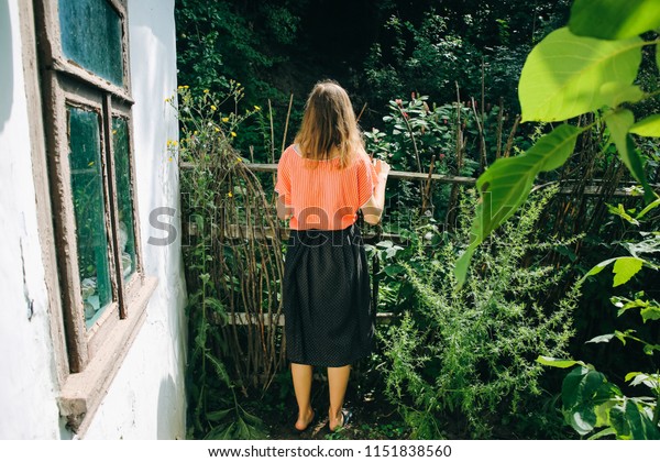 Woman Beautiful Vintage Clothes Standing Near Stock Photo Edit