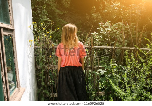 Woman Beautiful Vintage Clothes Standing Near Stock Photo Edit