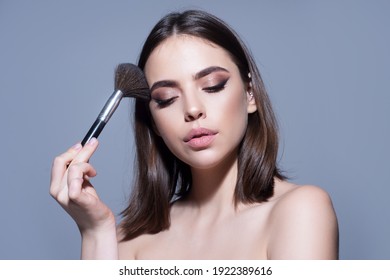 Woman Beauty Concept. Female Cosmetics Makeup Blusher Brush