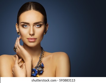 Woman Beauty Face Makeup, Beautiful Fashion Model Make Up Portrait, Elegant Lady Touching Face Skin, Blue Jewelry