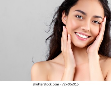 Woman Beauty Face Portrait Isolated On Gray With Healthy Skin And White Teeth Smile
