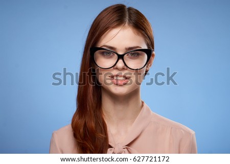         woman beauty in glasses   on blue background