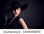 Woman Beauty in Hat, Elegant Fashion Model Retro Style Portrait on Black