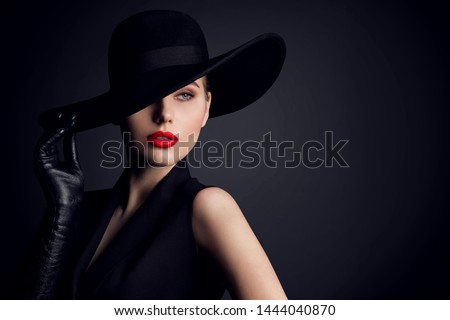 Woman Beauty in Hat, Elegant Fashion Model Retro Style Portrait on Black