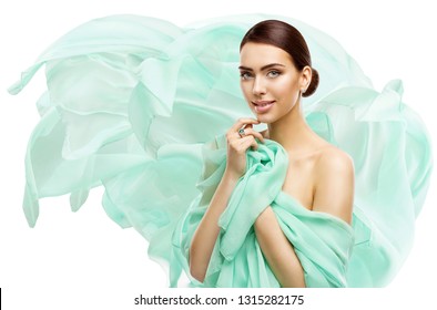 Woman Beauty Makeup Skin Care, Young Model in Fluttering Dress Isolated over White Background