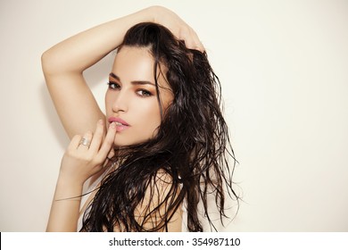 Woman Beauty Portrait With Natural Summer Makeup And Wet Hair, Studio