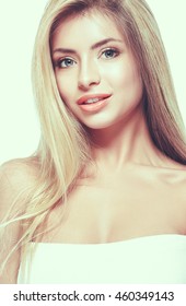 Woman beauty skin care close up portrait blonde hair studio on white - Shutterstock ID 460349143
