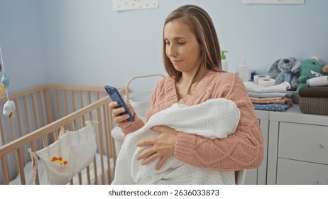 Woman in a bedroom holds a baby wrapped in a blanket while using a smartphone, with a wooden cradle and soft toys in a cozy indoor home setting.