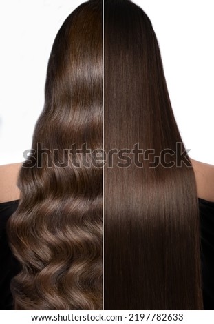 Woman before after curling her hair. Rear view, straight and curls.