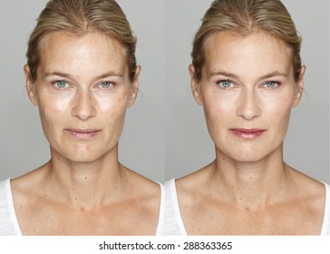 Woman before and after digital makeup and retouching makeover on face. Transformation concept.