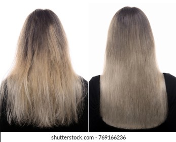 Woman Before And After Hair Care On White Background. Straightening, Smoothing, Keratin And Treatment Of The Hair. Woman With Ombre Hair Color. 