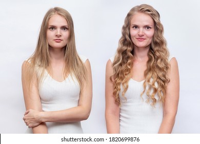 Woman before and after hair extensions and hair wave on white background. Extension, beauty, tress, hair growth, styling, salon concept. Length and volume.
