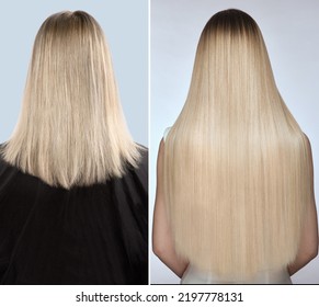 Woman before after hair extensions. Back view. - Shutterstock ID 2197778131