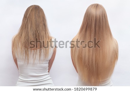 Woman before and after hair extensions on white background. Hair extension, beauty, tress, hair growth, styling, salon concept. Length and volume. Foto stock © 
