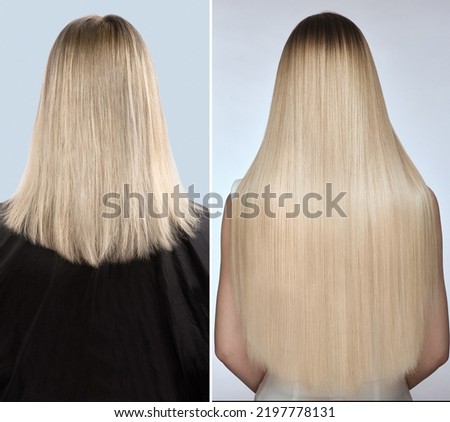 Woman before after hair extensions. Back view. Foto stock © 