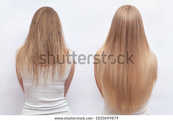Woman before and after hair extensions\
on white background. Hair extension, beauty, tress, hair growth,\
styling, salon concept. Length and\
volume.