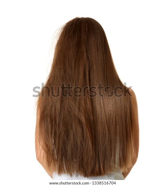 Woman\
before and after hair treatment on white\
background