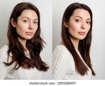 Woman before and after makeup. . The concept of transformation, beauty after applying makeup with a makeup artist. Result without retouching