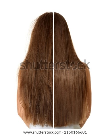 Woman before and after washing hair with moisturizing shampoo on white background, collage