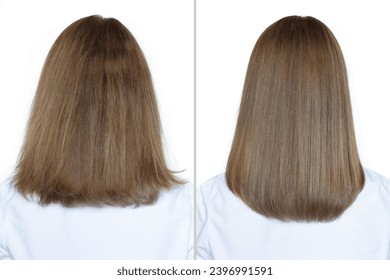 Woman before and after washing her hair with moisturizing shampoo on a white background. Flawless smooth hair after straightening with an iron. Collage, back view. Hair care and treatment concept. - Powered by Shutterstock