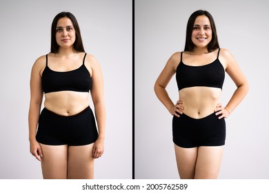 Woman Before And After Weight Loss On Gray Background. Body Shape Was Altered During Retouching