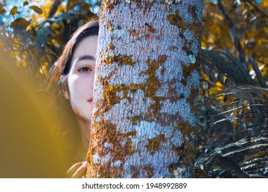 Woman Behind White Tree In Forest