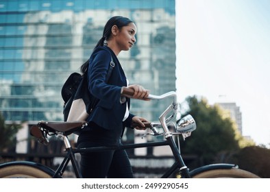 Woman, bicycle and thinking in city for business, sustainable travel and commute for career. Transportation, outdoor and professional person in New York with ideas for walking or route for journey - Powered by Shutterstock